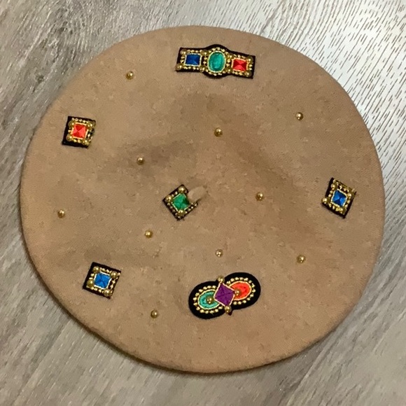 FINESSE ladies tan wool hat with beaded embellishments. - Picture 2 of 5
